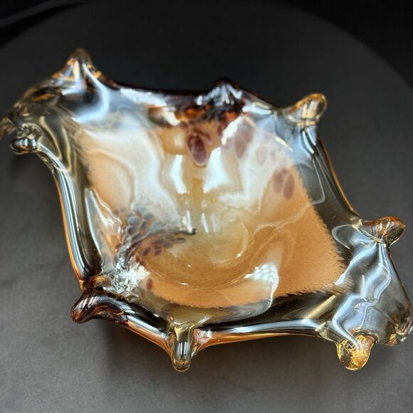 Vintage Murano Art Glass Hand Blown Peach Leaf Bowl | Candy Dish | - Picture 7 of 8